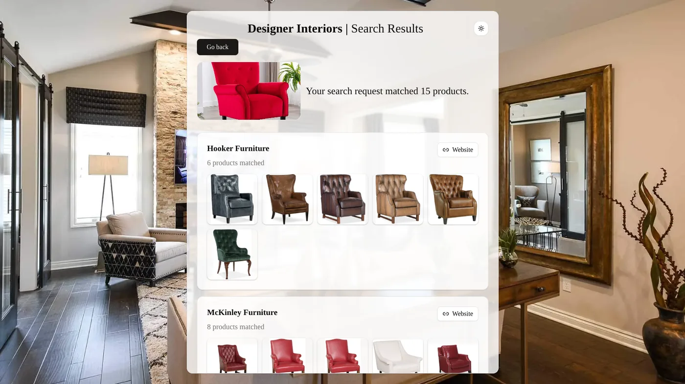 Designer Interiors search results: a red armchair matched across suppliers
